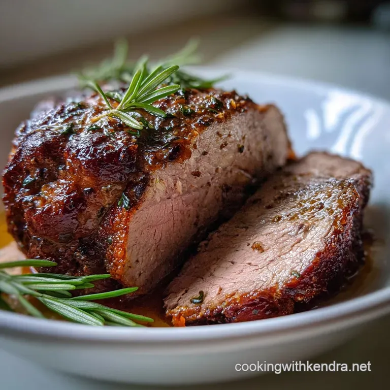 Tender slices of rosy-pink roast beef fanned out on a white plate, drizzled with savory pan jus and garnished with thyme.