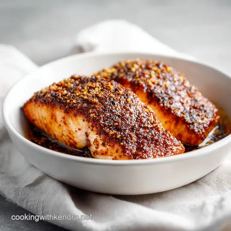 A perfectly cooked salmon fillet, glistening with a bourbon glaze, rests on a white plate beside bright green steamed broc...