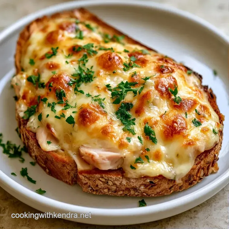 Two toasted open-faced turkey slices topped with melted cheese on a white ceramic plate with a side of fresh greens.