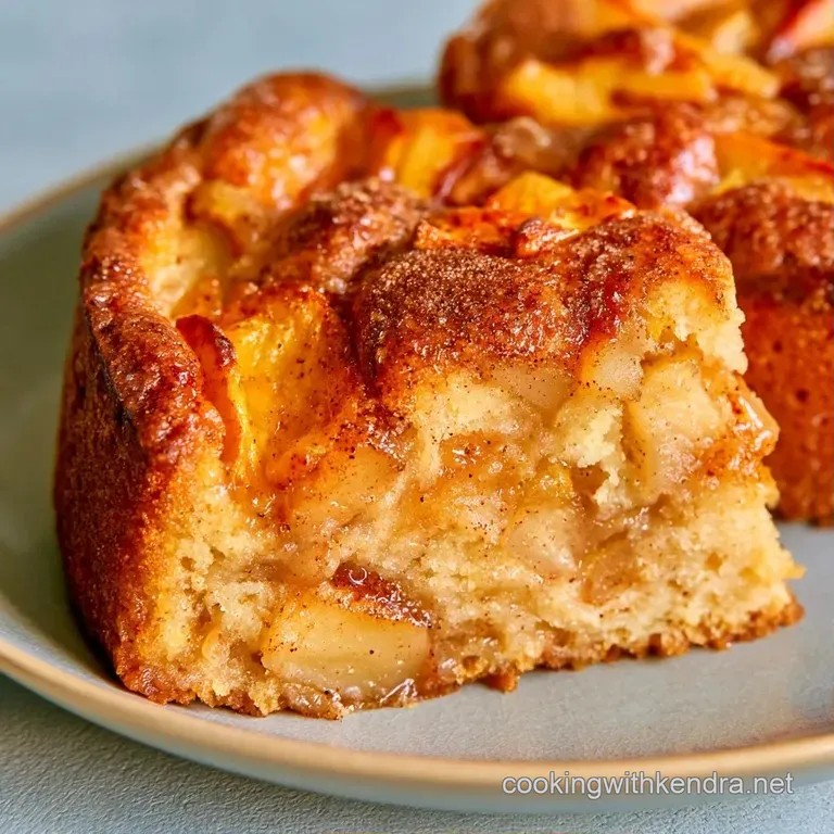 A moist slice of warm golden cake on a white plate, topped with a dollop of cream and a sprinkle of cinnamon