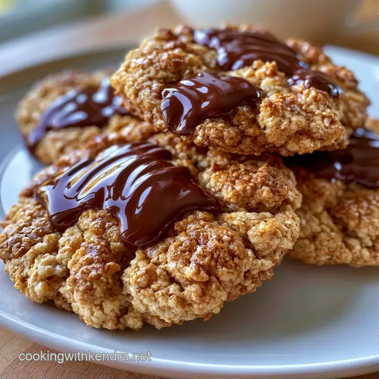 A stack of soft, chewy cookies on a white ceramic plate, drizzled with melted chocolate and fresh mint leaves.