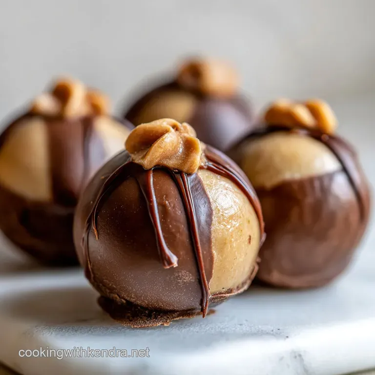 Buckeye candies arranged in a small candy dish. Melted chocolate is still slightly glossy, creating a tempting, textured s...