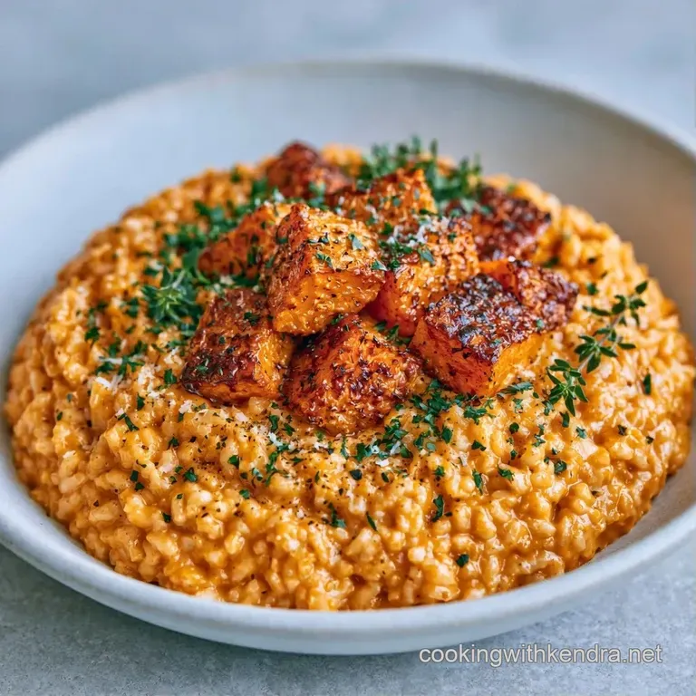 Vibrant orange creamy rice served in a wide white bowl, garnished with fried sage and a drizzle of brown butter.