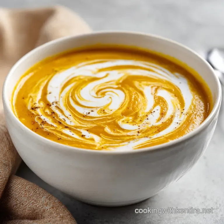 Silky orange soup in a modern bowl with a swirl of coconut cream and a sprig of fresh herbs on a linen cloth.