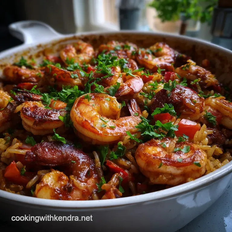 Elegant plate featuring a portion of the Cajun shrimp rice. Shrimp and rice are artfully arranged with a sprinkle of fresh...