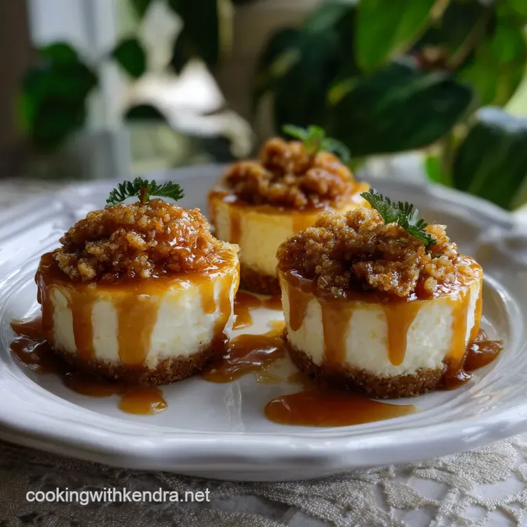 Individual cheesecakes elegantly plated, featuring a swirl of caramel and a crisp apple slice, garnished with a sprinkle o...