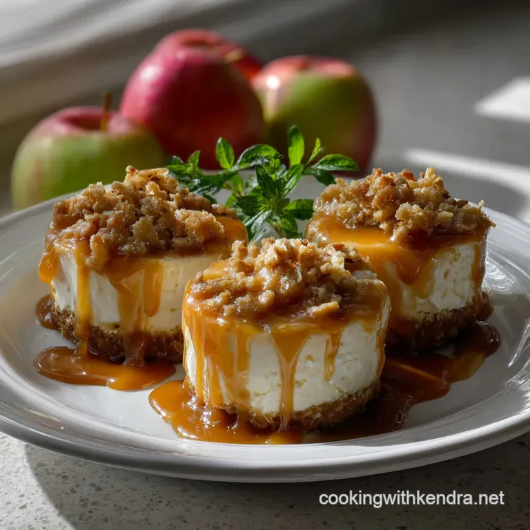 Individual mini cheesecakes elegantly arranged on a white plate, drizzled with caramel and garnished with apple slices. Ve...