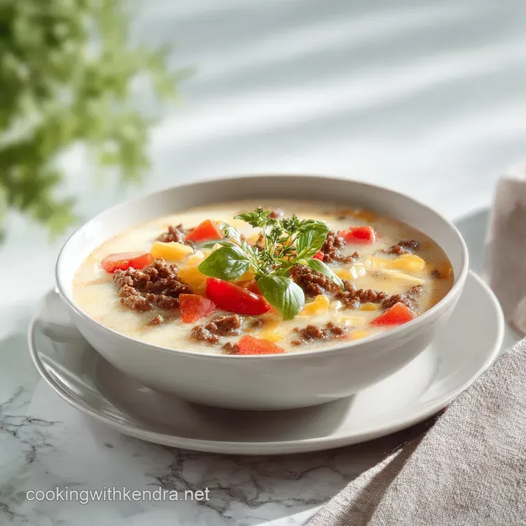 Elegant bowl of rich cheeseburger soup topped with a dollop of sour cream and chopped herbs, ready to be enjoyed.
