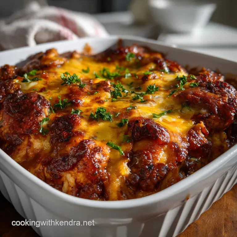 Elegant plate showcasing tender chicken pieces in a smoky glaze, bacon crisps, and a side of vibrant green vegetables. Tex...