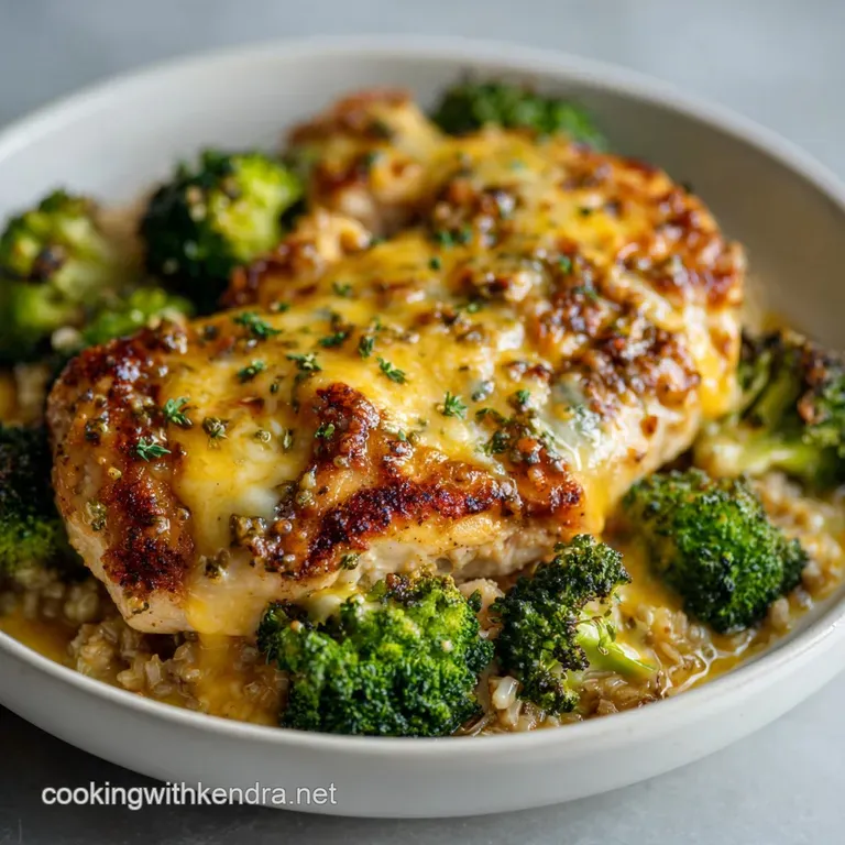 A neat scoop of creamy rice and tender green broccoli topped with melted gold cheese on a minimalist white plate.