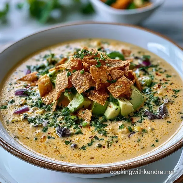 Rustic white bowl of velvety orange soup topped with melted cheese, lime wedges, and a sprig of fresh cilantro.