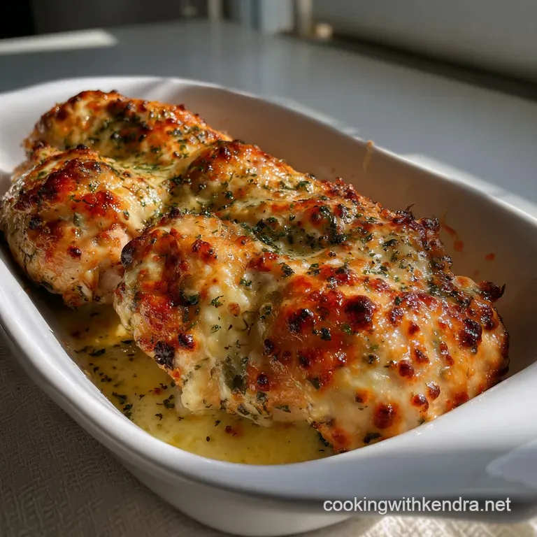 Tender chicken breast with cheesy topping, plated with vibrant parsley garnish. Served with roasted garlic and crusty bread.