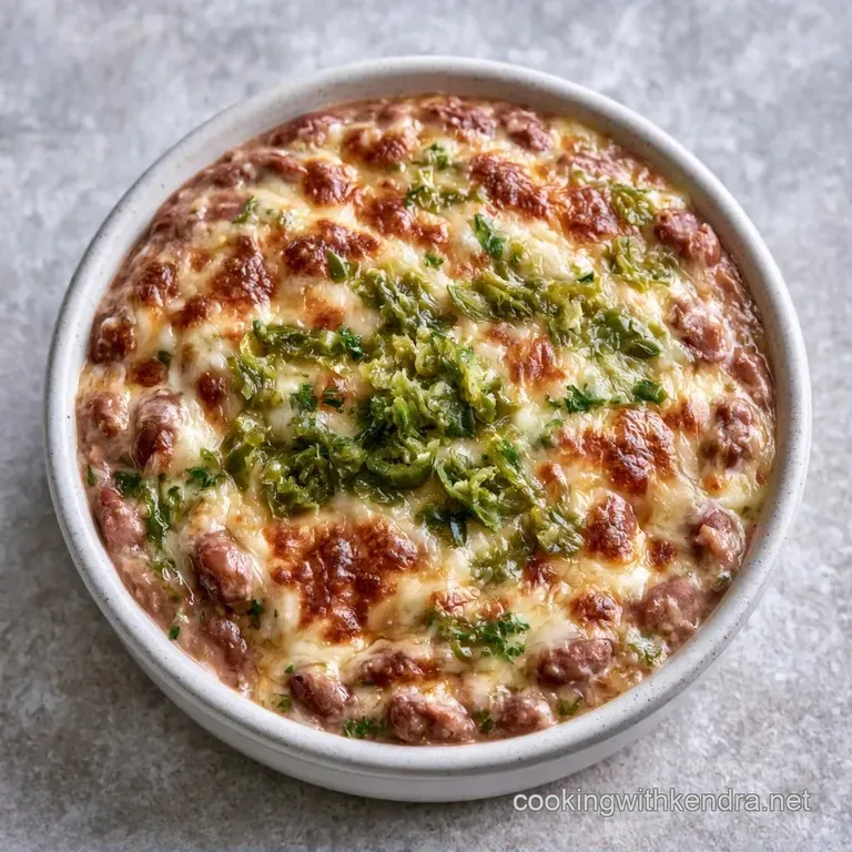 A refined white bowl of creamy brown beans topped with stretchy melted cheese and a sprinkle of fresh herbs.