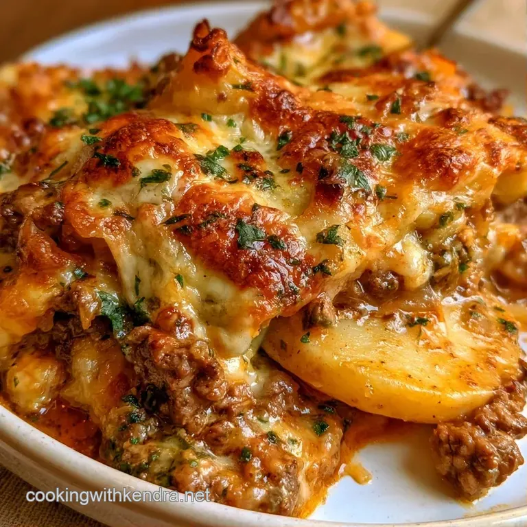 A neat square of cheesy beef and potatoes on a white plate, garnished with a sprinkle of fresh green parsley.