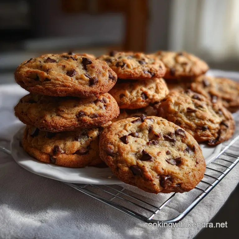 Warm, chocolate chip cookies artfully arranged on a rustic wooden board, showcasing their inviting texture and inviting ar...