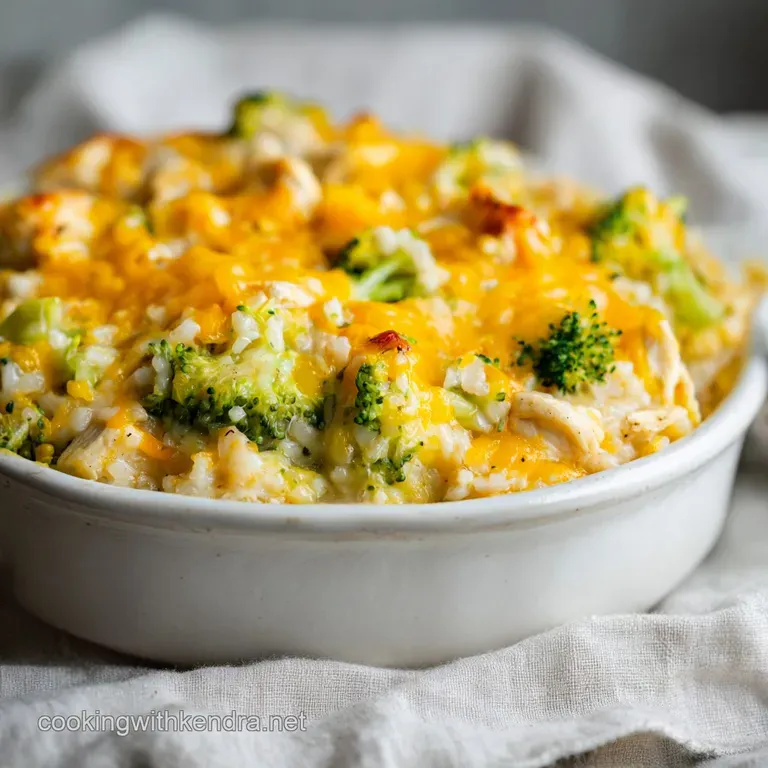 A spoonful of rich, cheesy chicken casserole with bright green broccoli florets and tender rice, served elegantly on a whi...