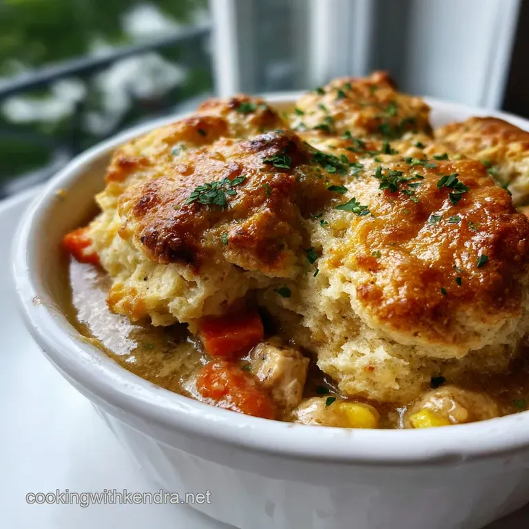 Individual chicken cobbler serving with a flaky biscuit, vibrant green herbs, and a creamy, inviting chicken filling.
