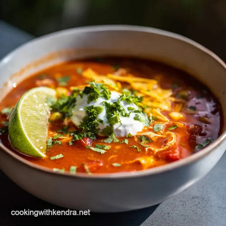 Steaming bowl of rich enchilada soup. Garnished with melted cheese, vibrant cilantro, and a dollop of cool sour cream.