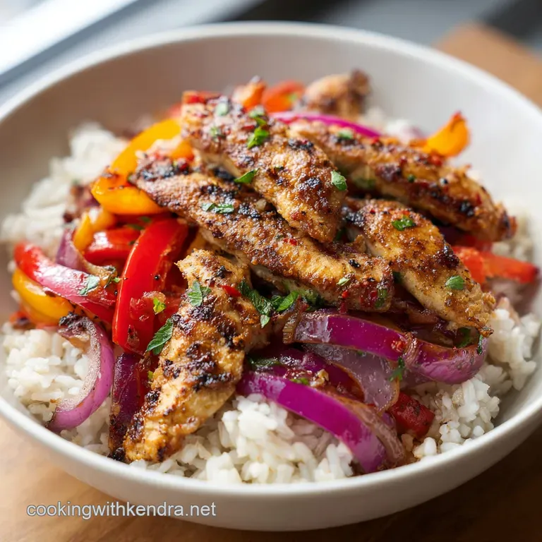 Vibrant red and yellow peppers with charred chicken breast and creamy avocado slices over a bed of seasoned rice.