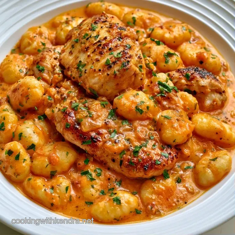 A creamy scoop of cheesy potato dumplings and chicken on a matte grey plate, topped with a sprig of fresh green herbs.