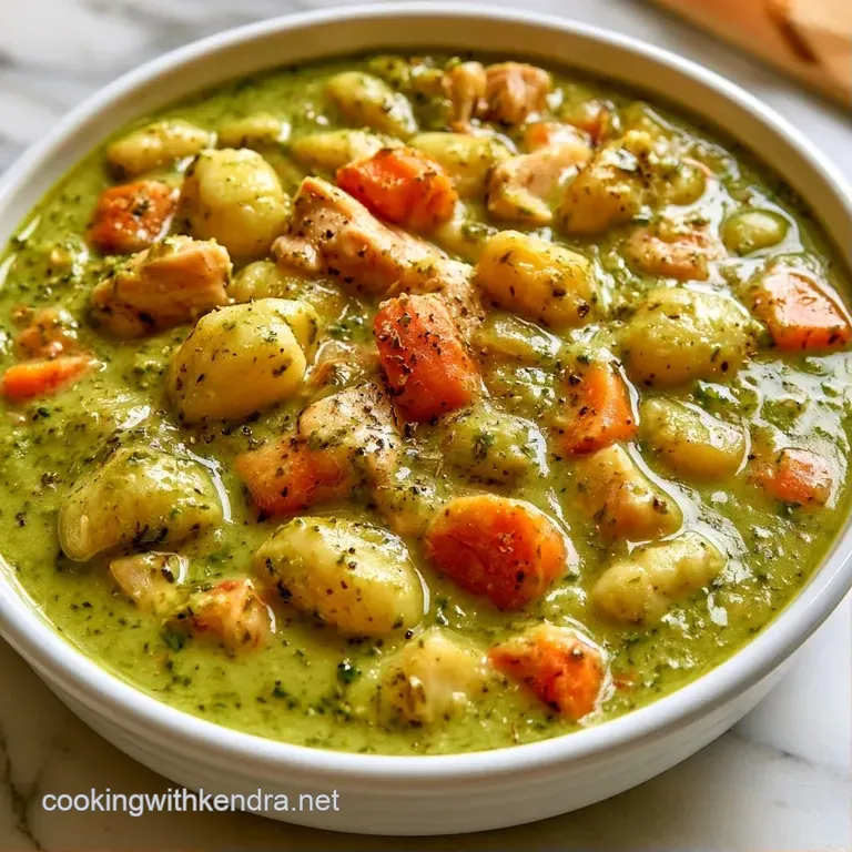 A white ceramic bowl of velvety green soup, topped with a swirl of cream and a sprig of fresh, bright basil.