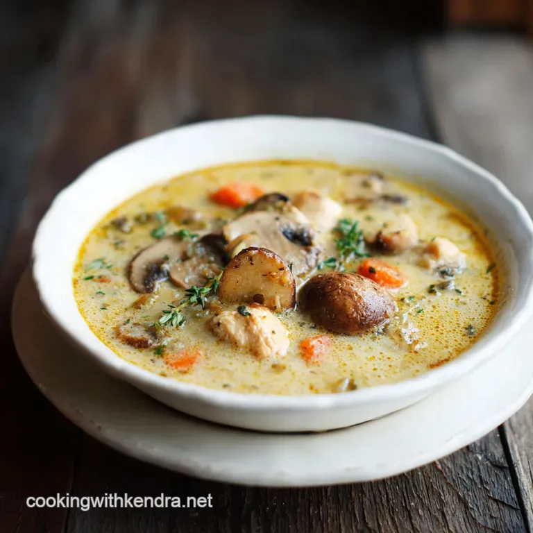 A steaming bowl of rich chicken and mushroom soup, garnished with fresh parsley, showcases a smooth, silky broth.
