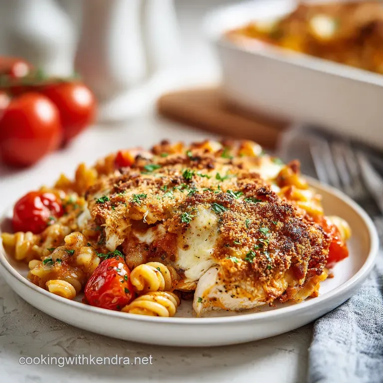 A single serving of chicken parmesan casserole, vibrant marinara glistening, garnished with fresh basil, hints of steam ri...