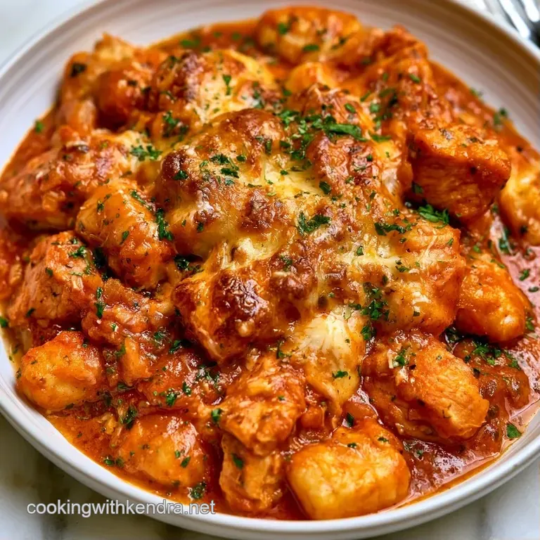 Golden breaded chicken atop soft potato dumplings in a rich red sauce, garnished with a fresh leaf of green basil.