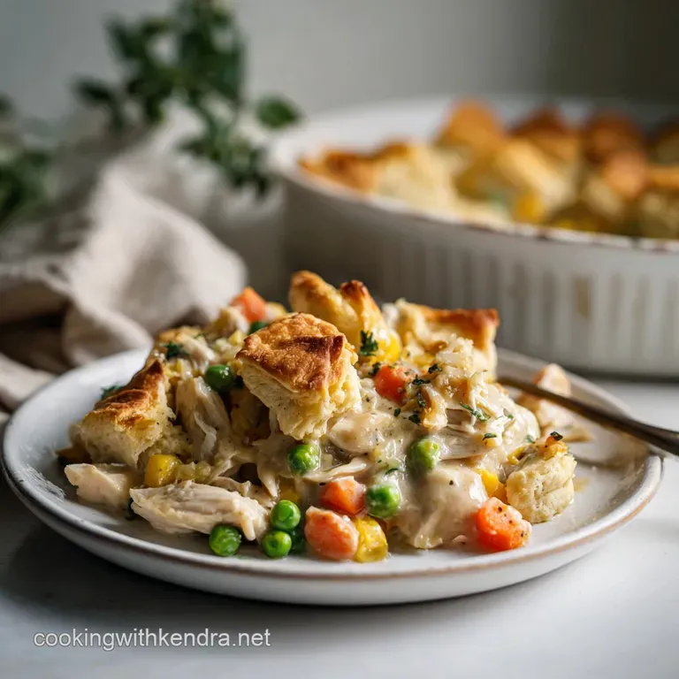 A spoonful of steaming chicken pot pie with flaky biscuit, garnished with fresh parsley, showcasing the creamy filling's r...