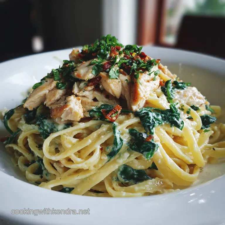 Elegant swirl of spinach pasta with tender chicken, topped with grated cheese and a sprig of fresh parsley on a white plate.