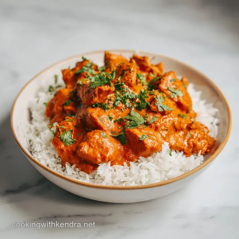 Plated Chicken Tikka Masala. Garnished with fresh cilantro and a swirl of cream, served with fluffy basmati rice.
