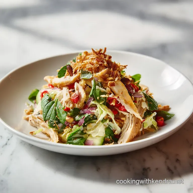A bright and refreshing salad with tender chicken, vibrant greens, crunchy noodles, and a light, glistening dressing in a ...