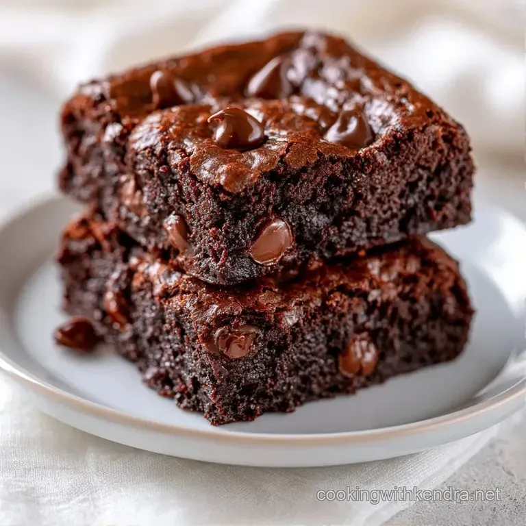 A neat stack of rich chocolate squares topped with a dusting of powdered sugar and a single fresh raspberry.