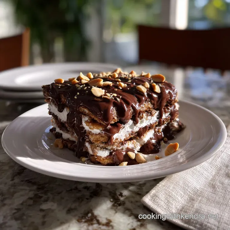 Elegant slices of chilled chocolate icebox cake on a white plate, showcasing contrasting layers. A swirl of peanut butter ...