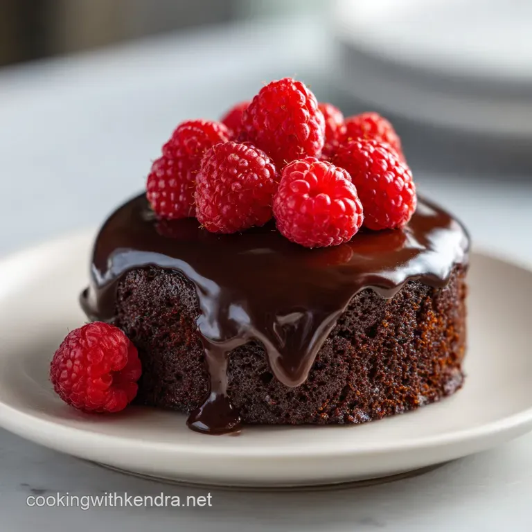 A slice of dense cocoa cake on a white ceramic plate with elegant swirls of red berry sauce and a fresh mint leaf.