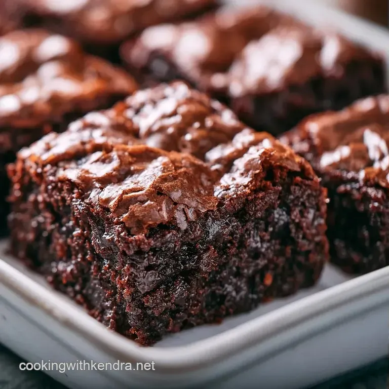 A stack of moist dark chocolate squares on a white ceramic plate, dusted with powdered sugar and mint leaves