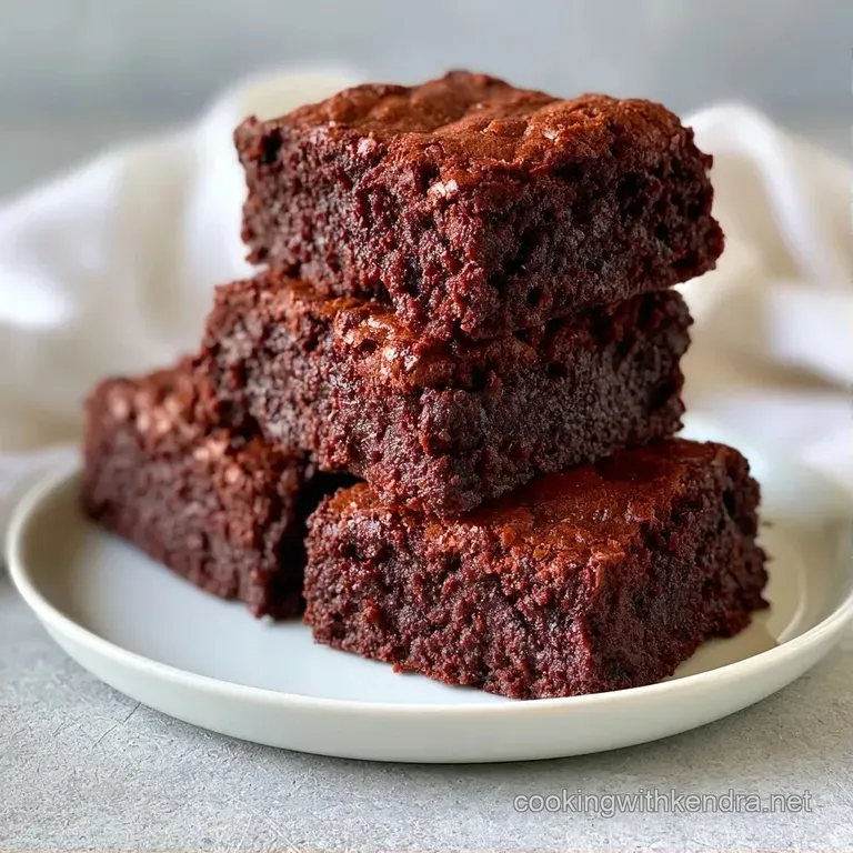 A single rich brownie square dusted with powdered sugar and paired with a fresh raspberry on a minimalist white plate.