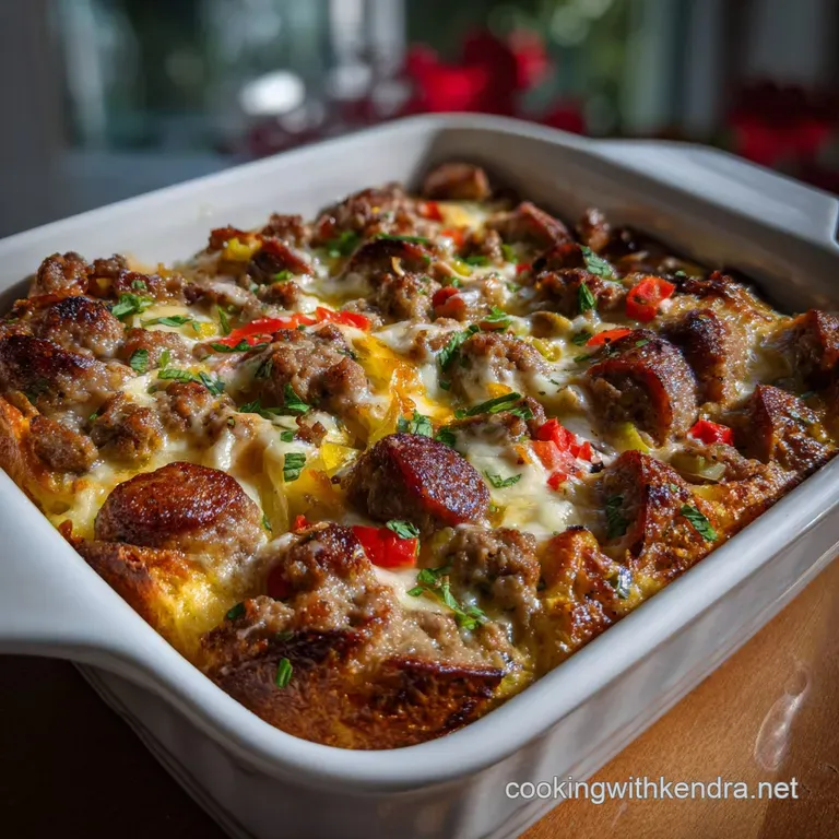 Creamy custard casserole slice, showcasing a soft interior. Served with fresh berries on a white plate, creating a holiday...