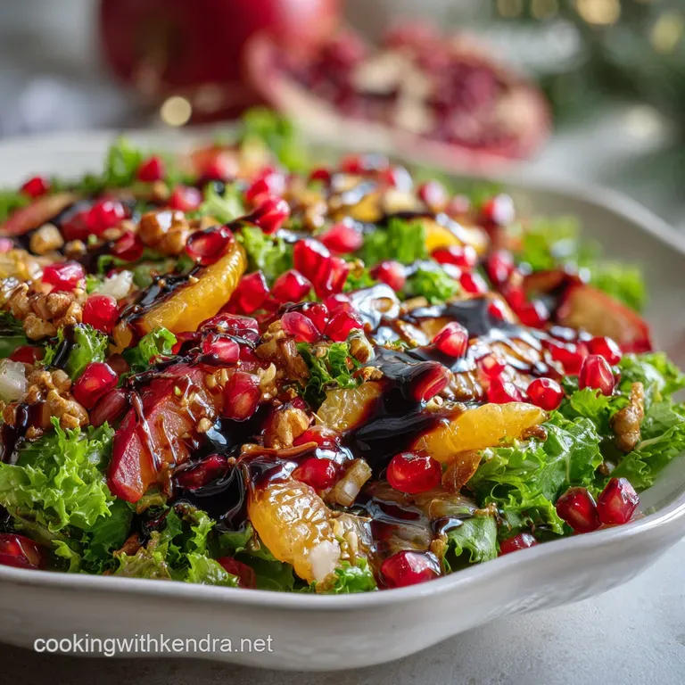 Emerald green salad beautifully arranged on a clear glass plate, accented with jewel-toned pomegranate and toasted nuts fo...