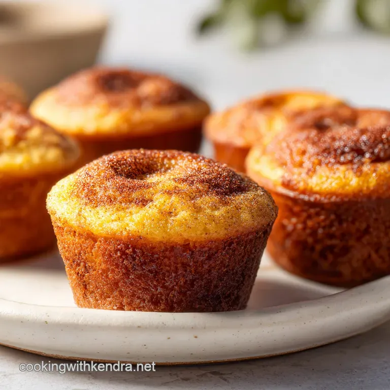 Two warm, golden muffins on a white porcelain plate with a dusting of cinnamon sugar and a soft linen napkin.