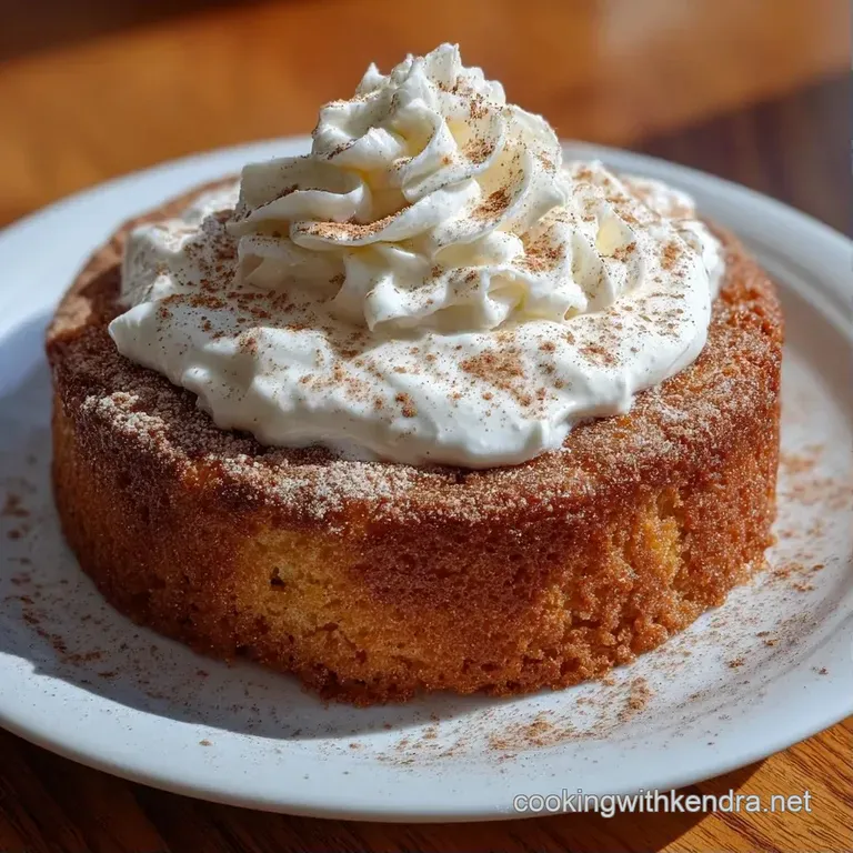 A slice of moist, creamy cake on a white ceramic plate, garnished with a cinnamon stick and a sprig of fresh mint.