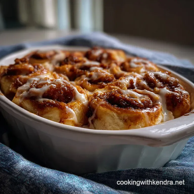 Warm cinnamon rolls artfully arranged on a white plate, drizzled with icing and garnished with a sprinkle of cinnamon, rea...