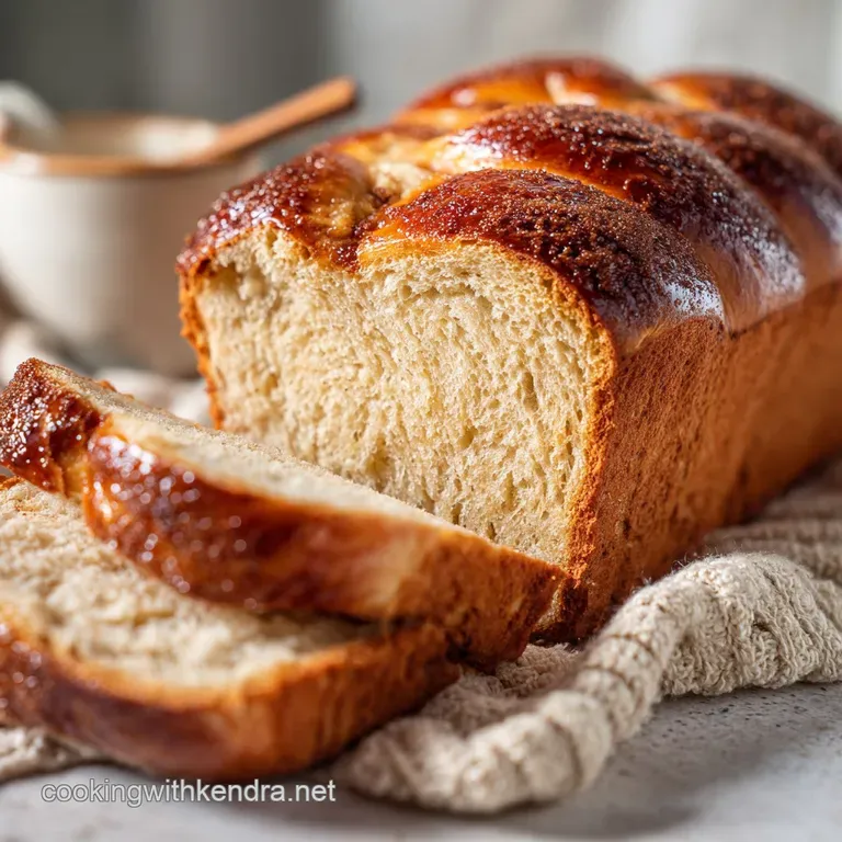 A glistening slice of cinnamon sweet bread with a sugary glaze on a delicate plate. Soft, fluffy texture evident.