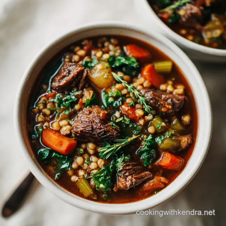 Steaming bowl of savory beef barley soup, topped with fresh parsley and a crusty bread slice.