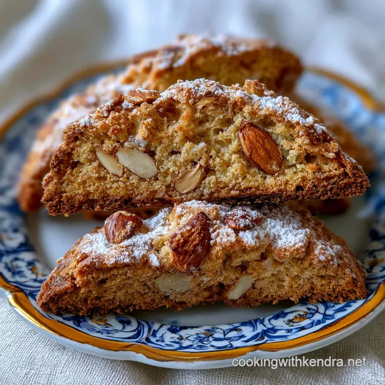Two crisp, toasted almond cookies leaning against a white ceramic cup of frothy coffee on a light marble tabletop.