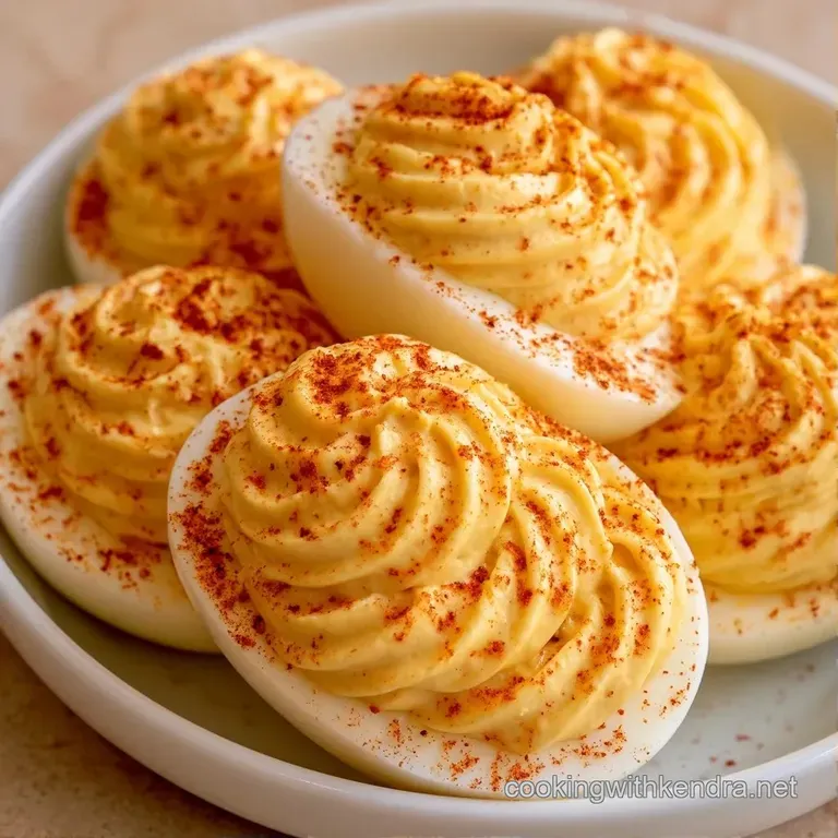 Symmetrical rows of halved boiled eggs with piped creamy yellow centers and a sprinkle of red paprika.