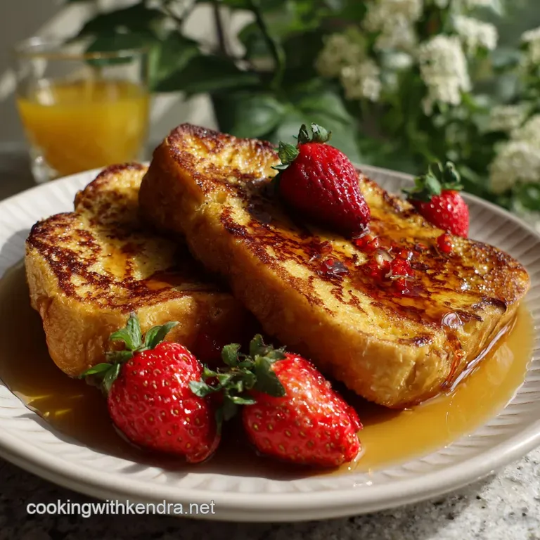 Elegant French toast, artfully arranged with whipped cream swirls, fresh raspberries and blueberries on a pristine white p...
