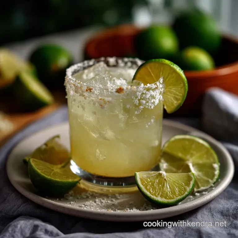 Elegant margarita in a chilled glass, garnished with a perfect lime wheel. Salted rim contrasts with the clear, refreshing...