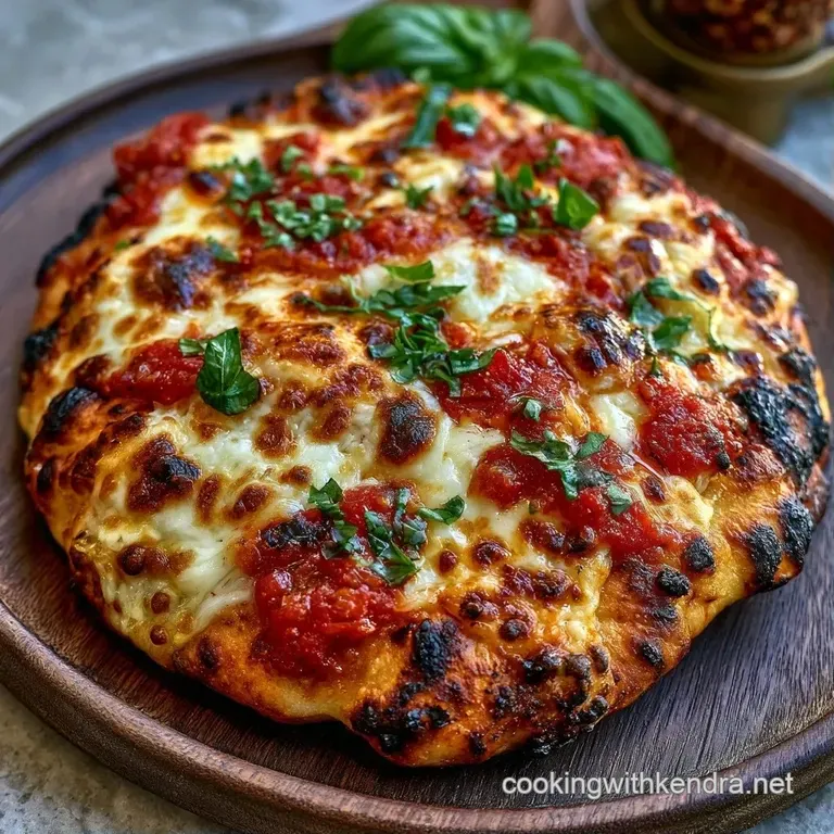 Sliced thin crust pizza on a slate board with melted white cheese and fresh basil, drizzled with olive oil.