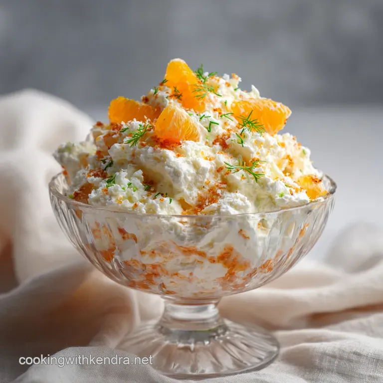 A light and airy orange fluff dessert, garnished with toasted coconut flakes, served in a delicate glass dish.